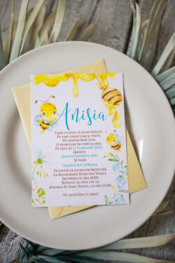 Invitatie Botez - Watercolor Bee - Boy/Girl - imagine 2
